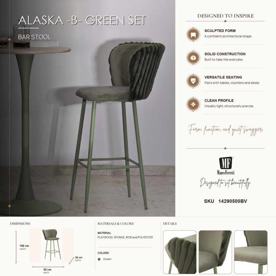 Sgabello bar alaska -b- verde set 2 pz cm 55x58x106 (altezza seduta cm 77)