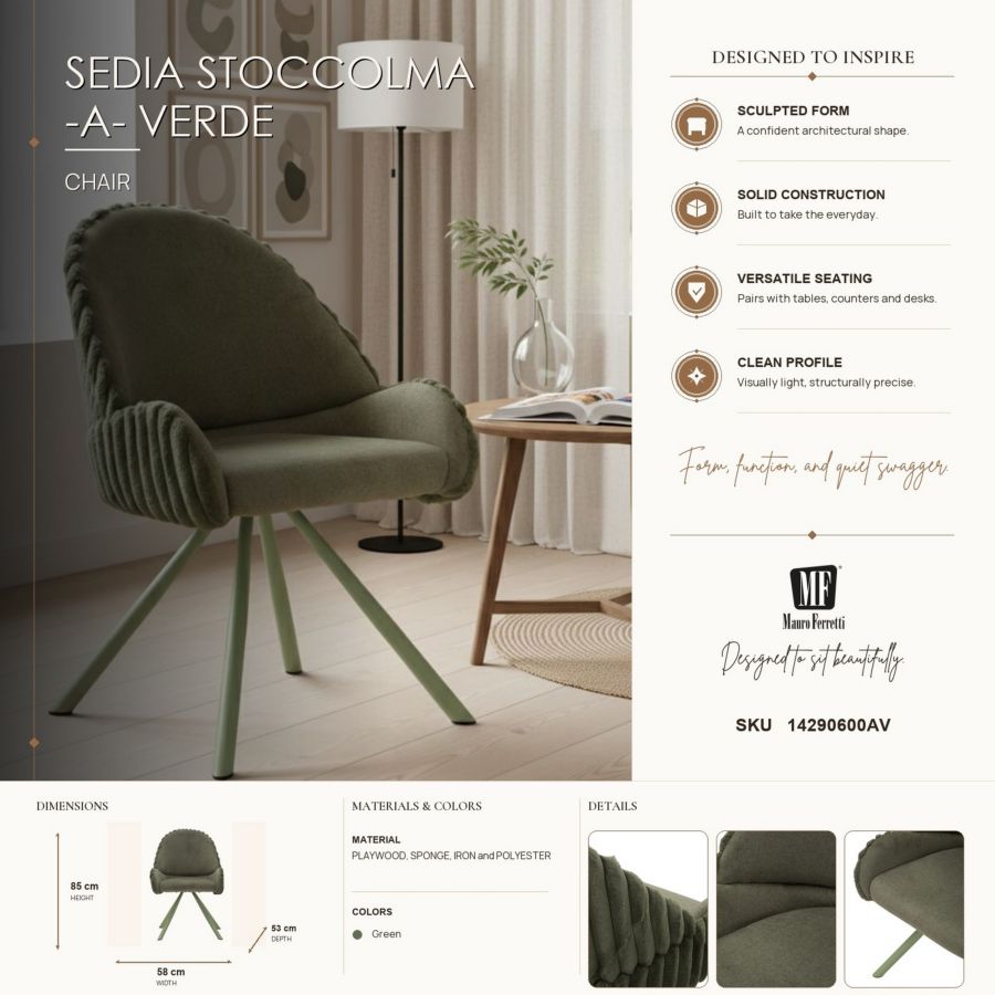 Mauro Ferretti Sedia Stoccolma -a- Verde Set 2 pz 58 x 53 x 85 cm