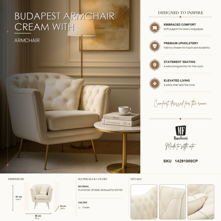 Mauro Ferretti Poltrona Budapest Crema con Cuscino 88 x 83 x 91 cm