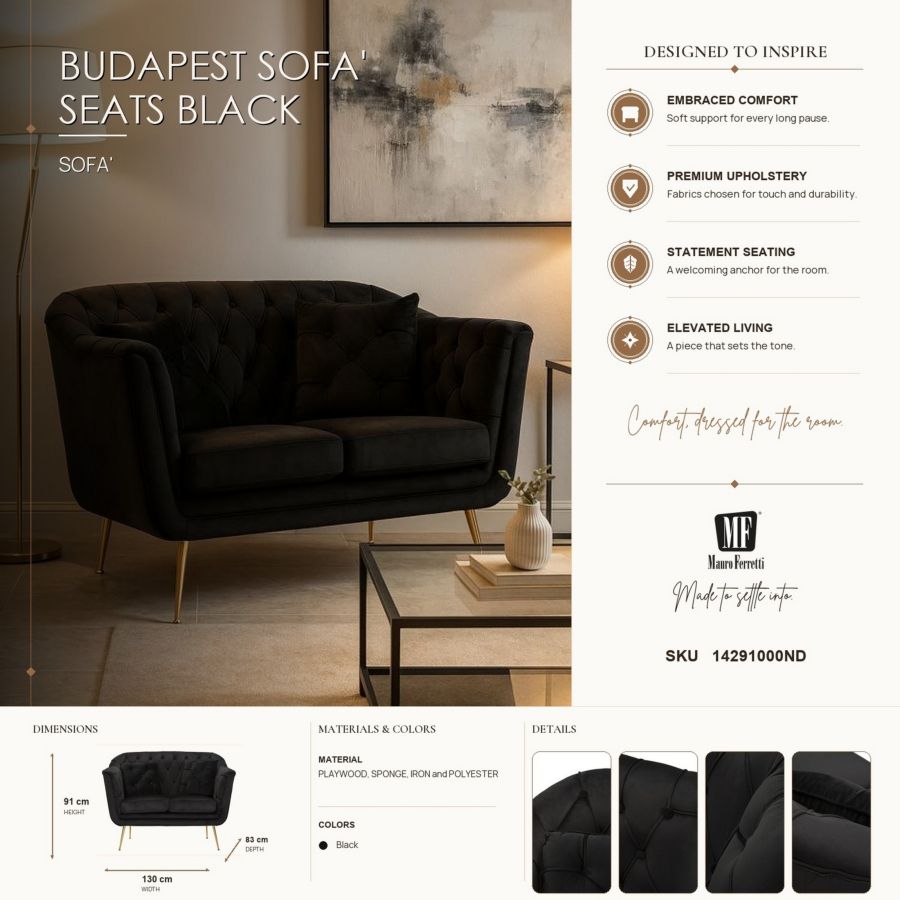 Divanetto budapest nero c/cuscini cm 130x83x91