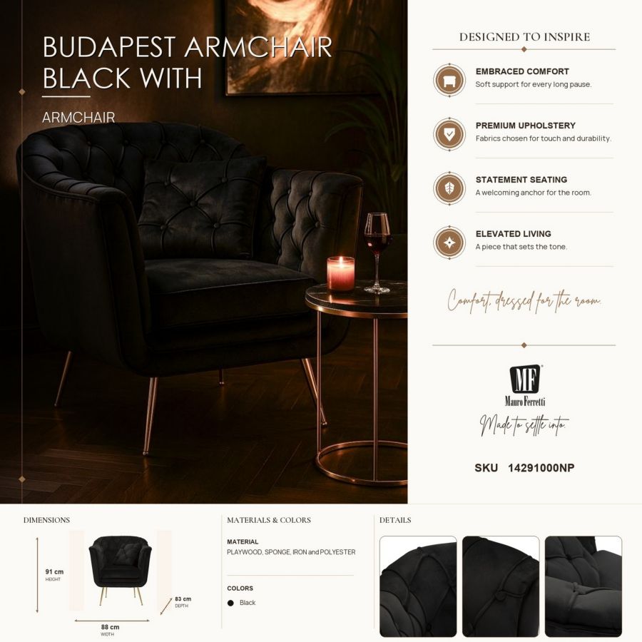 Mauro Ferretti Poltrona Budapest Nera con Cuscino 88 x 83 x 91 cm