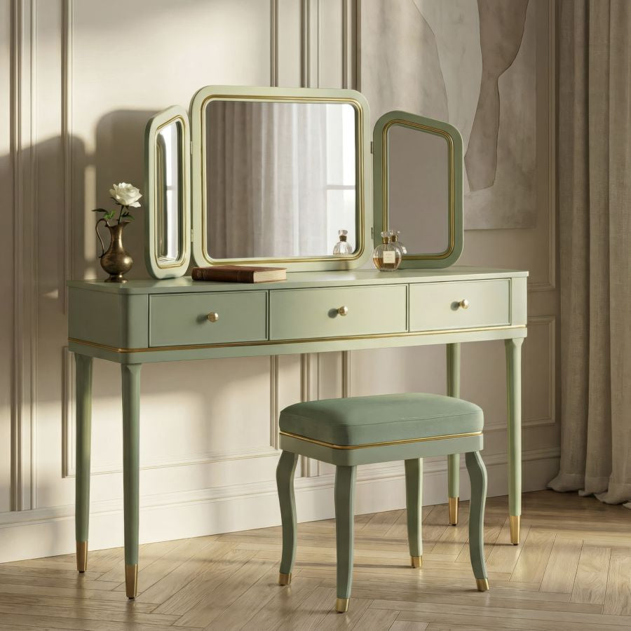 Toletta camille con specchio e sgabello verde cm 120x37x79-104x2,5x56-44x34x48