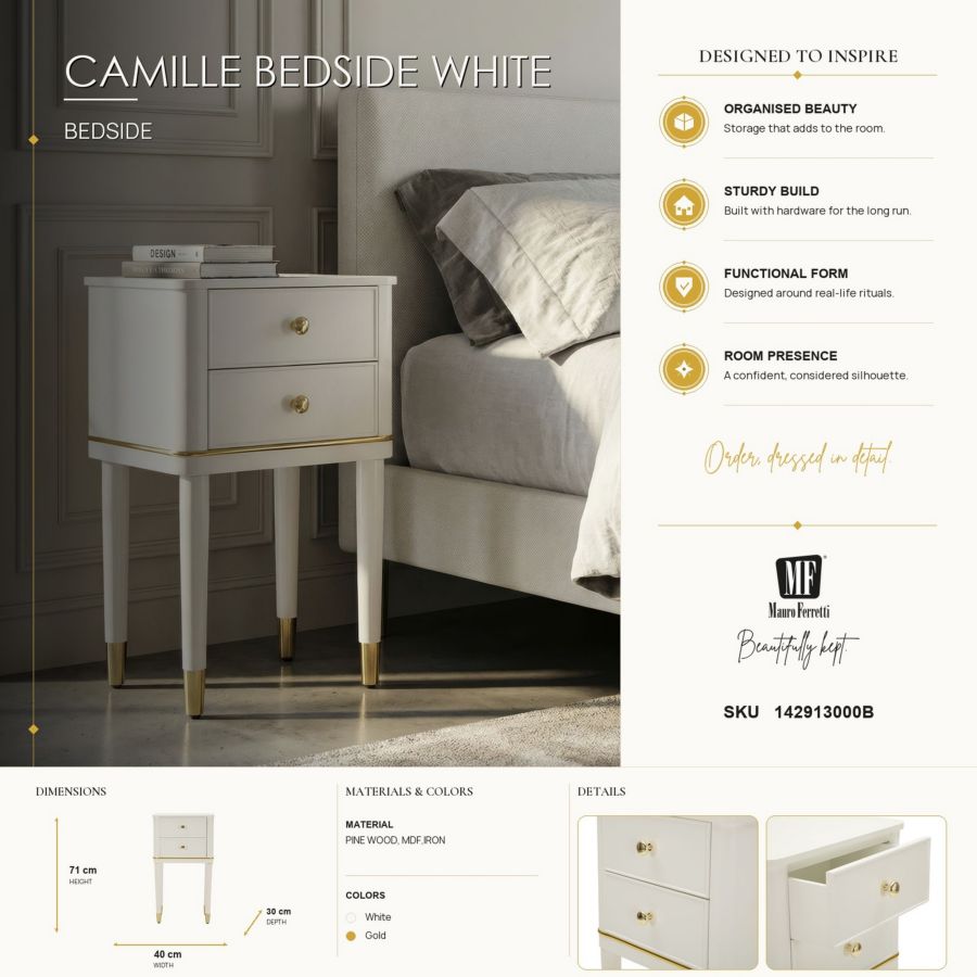 Comodino camille bianco cm 40x30x71