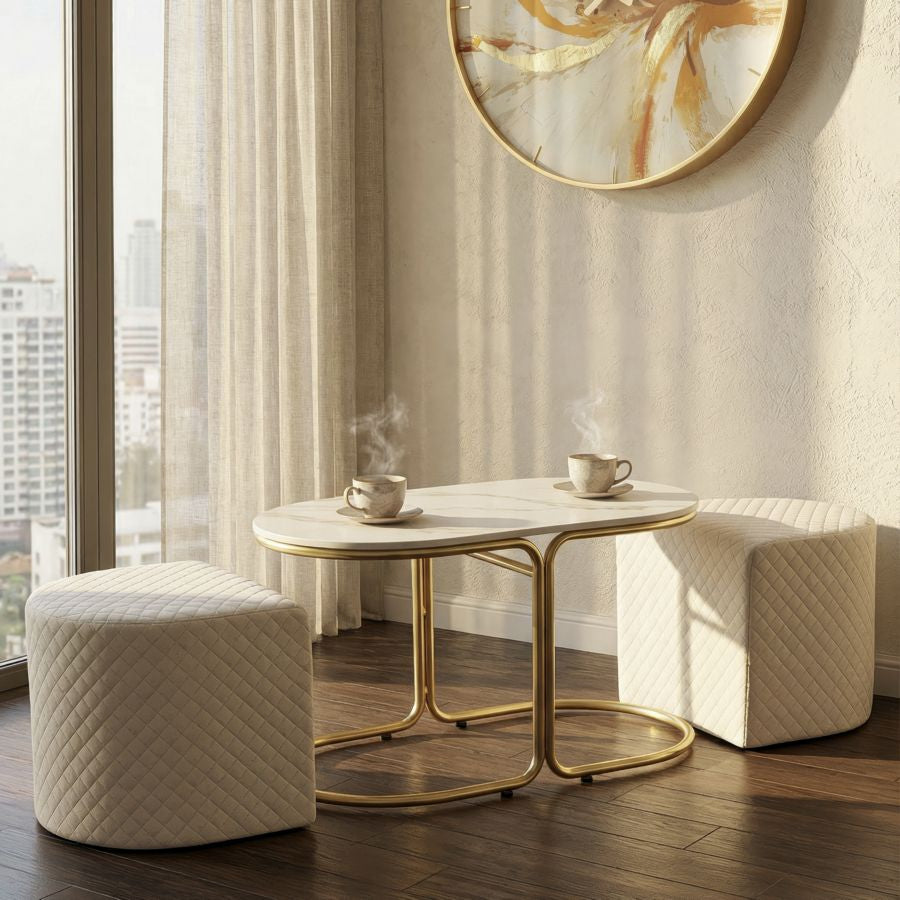 Tavolo da caffe' c/2 puff relax cm 79x45x44-42x37x37
