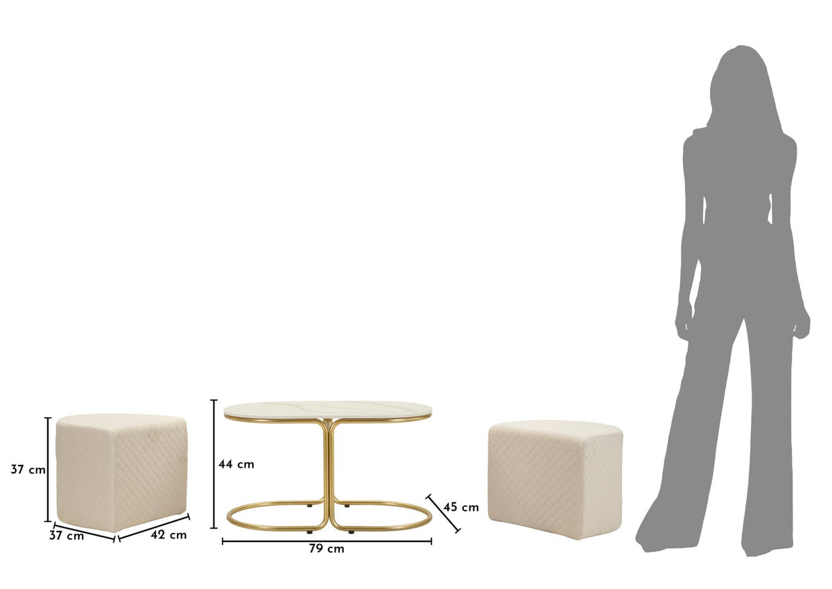 Tavolo da caffe' c/2 puff relax cm 79x45x44-42x37x37