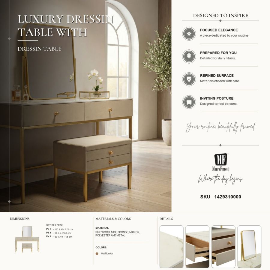 Toletta luxury c/specchio e sgabello cm 120x45x75-50x4x60-50x40x45