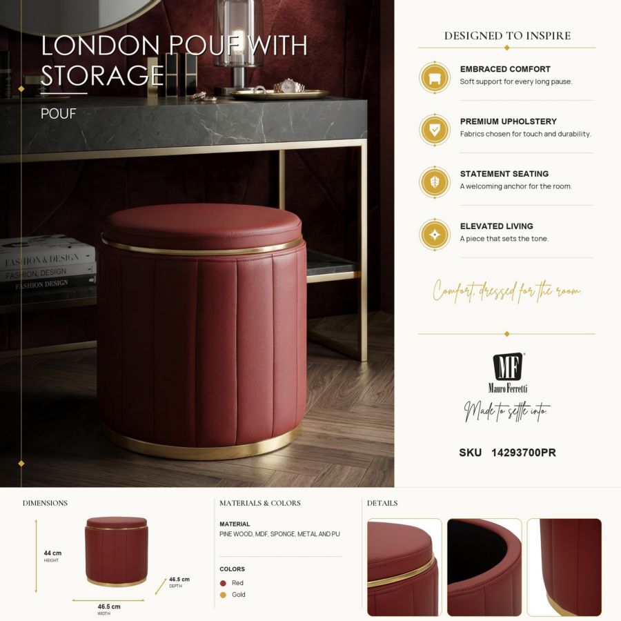 Puff c/contenitore london rosso cm ø 46,5x44