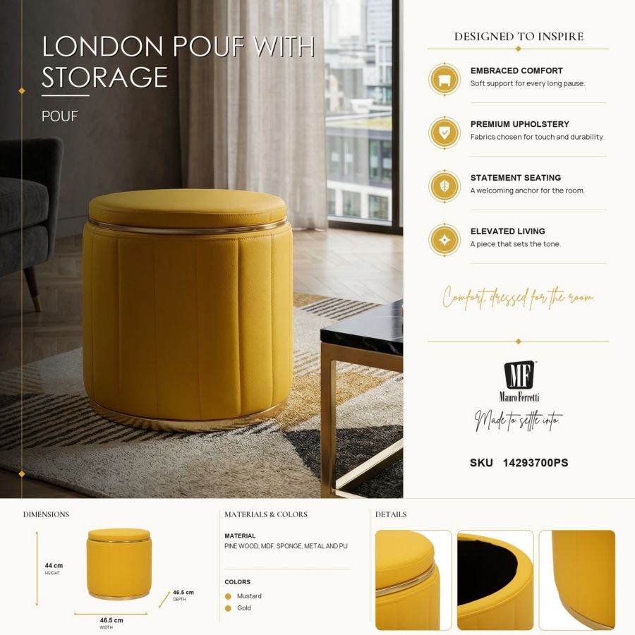 Puff c/contenitore london senape cm ø 46,5x44