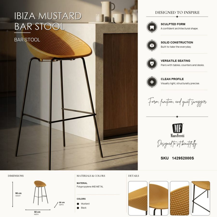 Sgabello bar ibiza senape set 2 pz cm 50x50x98 (altezza seduta cm 75)