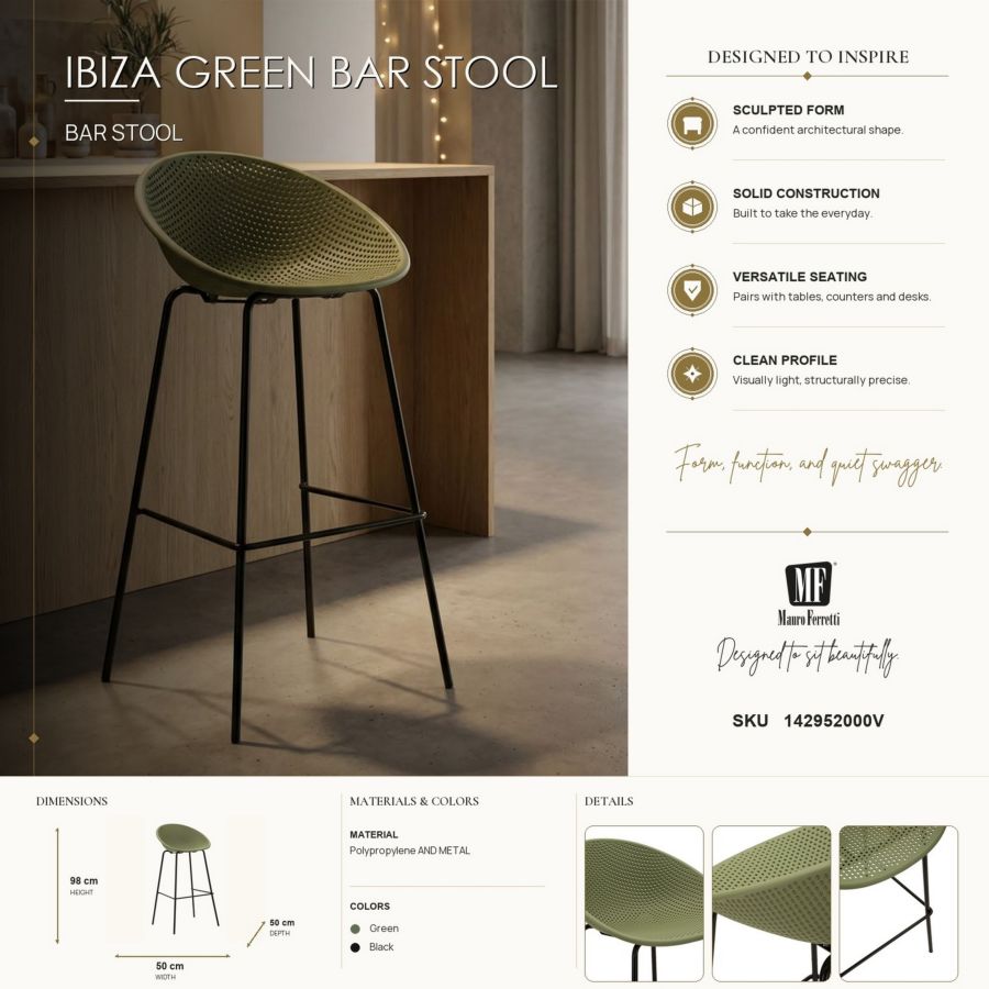 Sgabello bar ibiza verde set 2 pz cm 50x50x98 (altezza seduta cm 75)