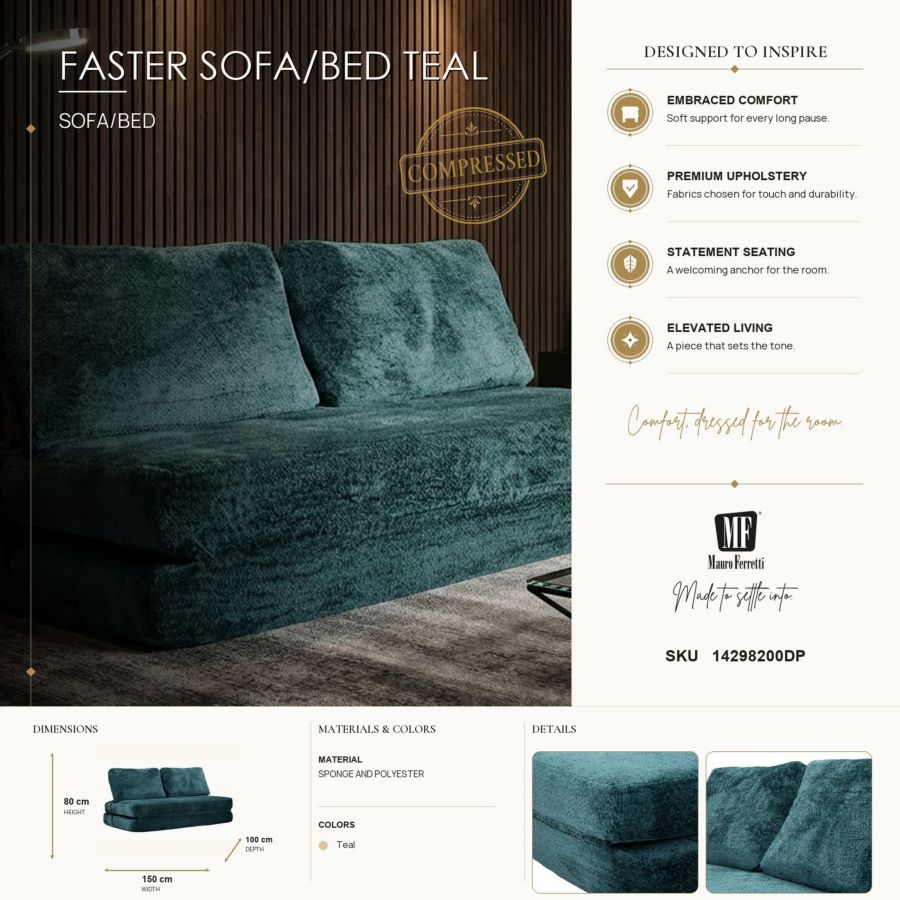 Divano/letto faster petrolio cm 150x100x80 (compresso-misura letto cm213x150x18)