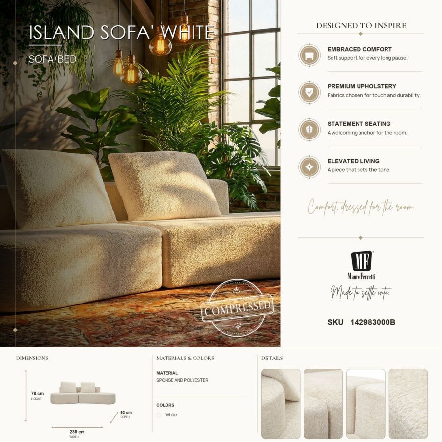 Mauro Ferretti Divano Island Bianco 238 x 92 x 78 -altezza con Cusino Come da Foto- cm (compresso)