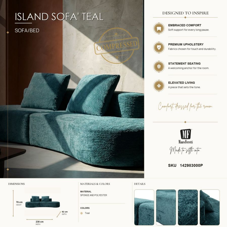 Divano island petrolio cm 238x92x78 -altezza c/cusino come da foto- (compresso)