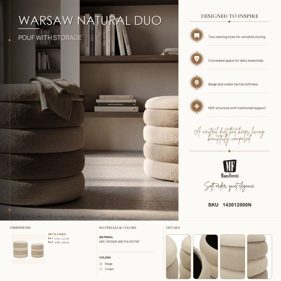 Pouf c/contenitore warsaw coppia natural cm ø 44x47-35x39