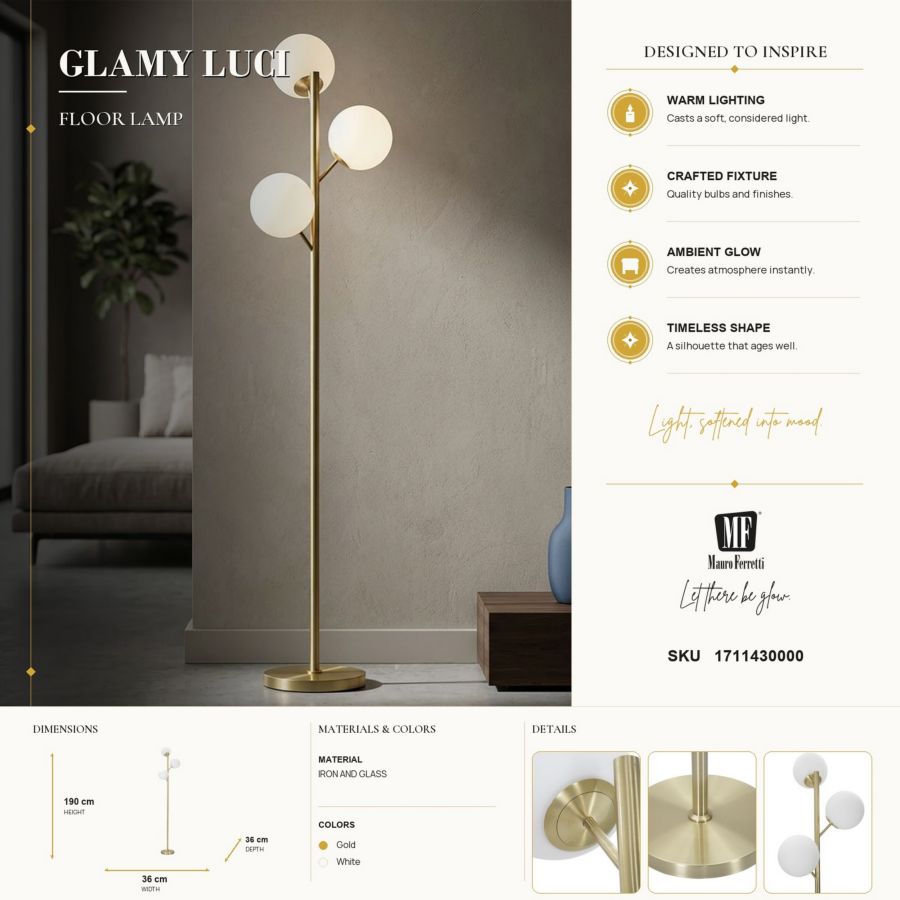 Mauro Ferretti Lampada da Terra Glamy 3 Luci Ø 36 x 160 cm