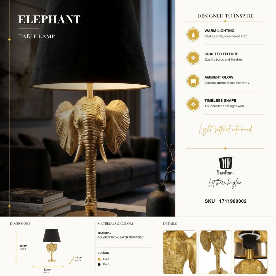 Mauro Ferretti Lampada da Tavolo Elefante Ø 32 x 59 cm