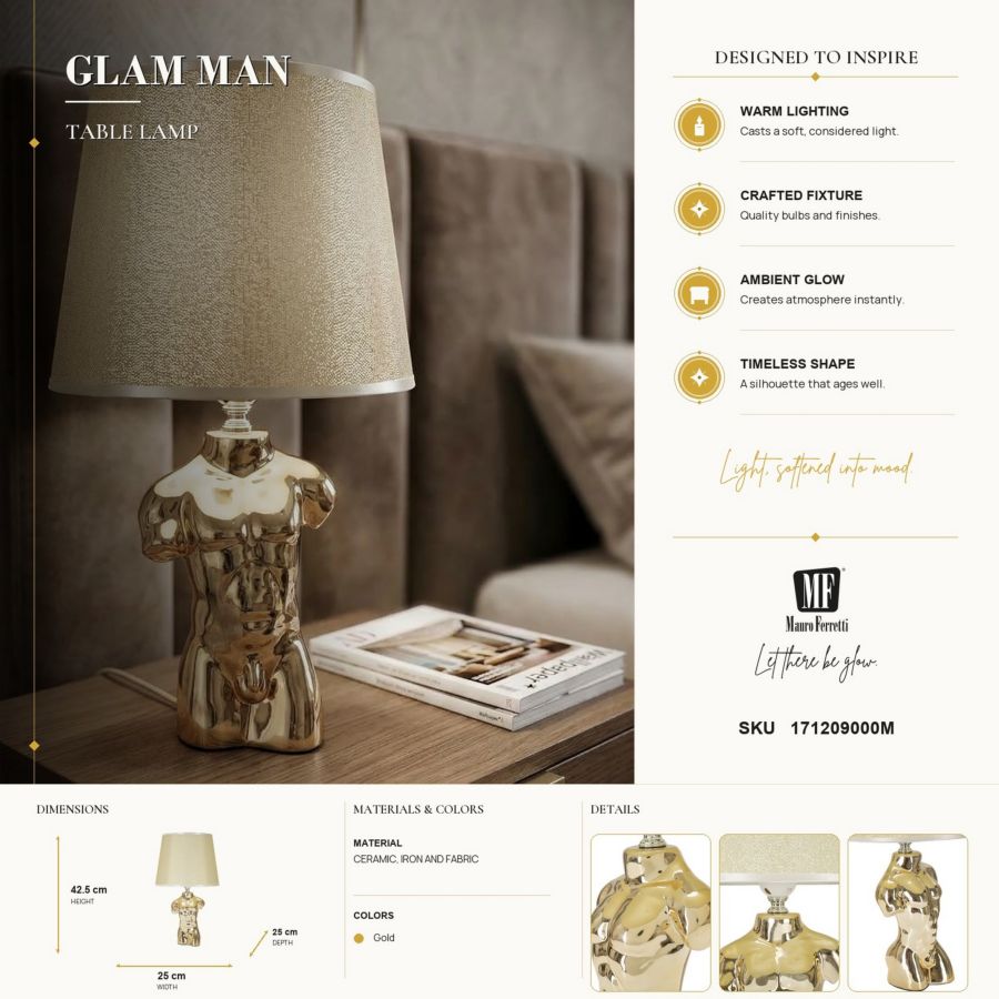 Mauro Ferretti Lampada da Comodino Glam Man Ø 25 x 39,5 cm