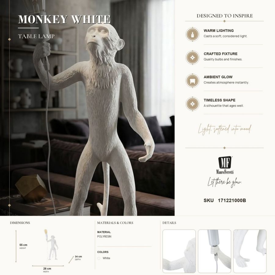 Mauro Ferretti Lampada da Tavolo Monkey Bianco 26 x 34 x 55 cm