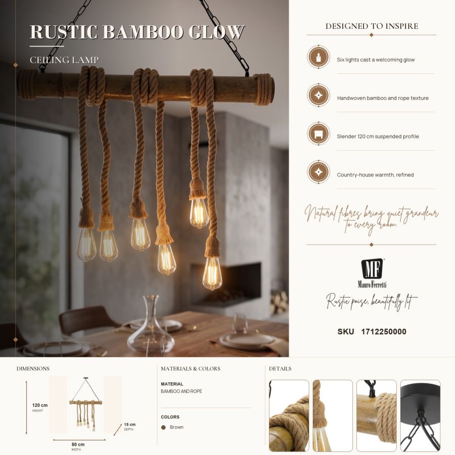 Mauro Ferretti Lampadario Bamboo/rope 80 x 15 x 120 cm