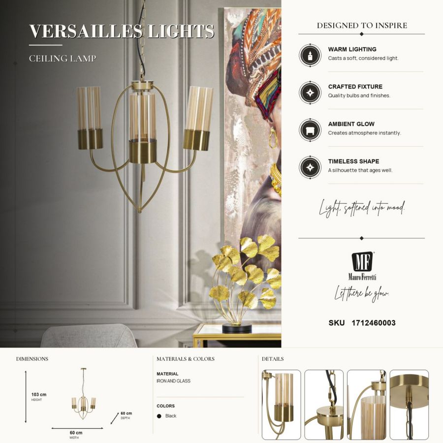 Mauro Ferretti Lampadario Versailles 3 Luci Ø 60 x 103 cm