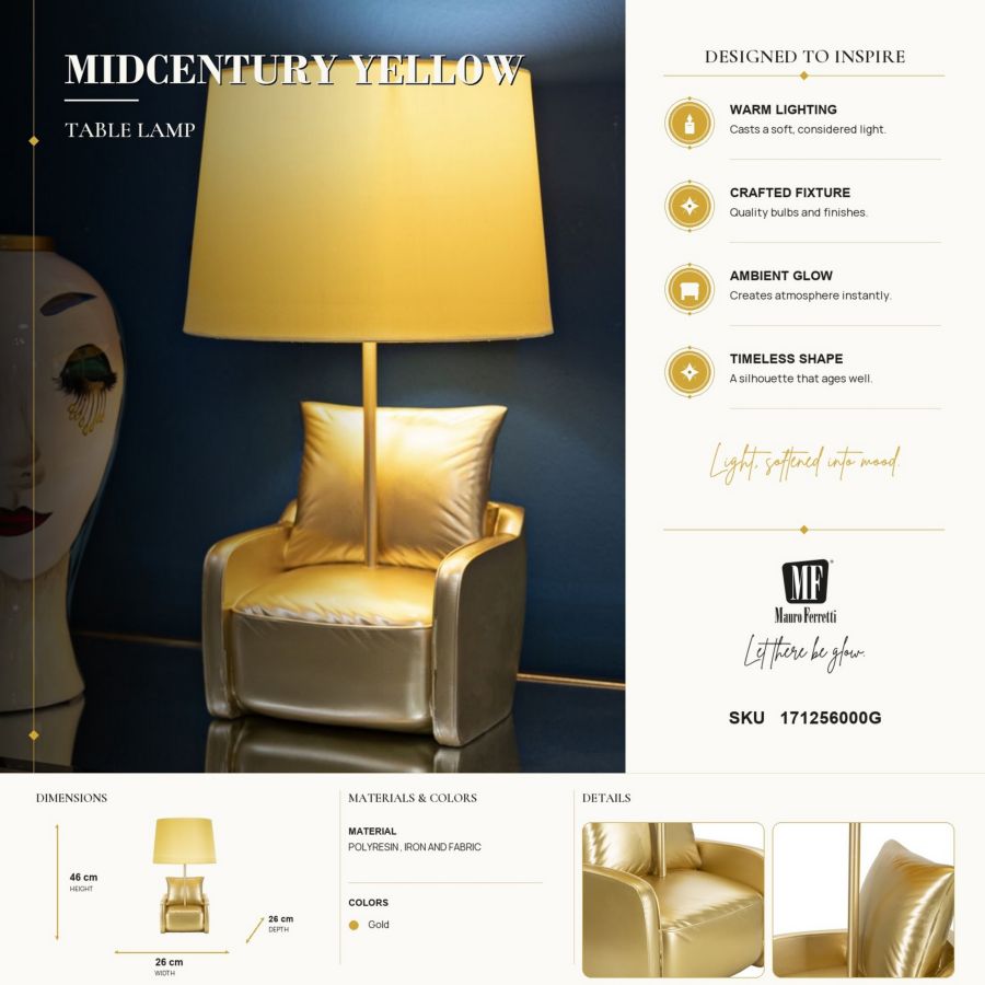 Mauro Ferretti Lampada da Comodino Midcentury Gialla Ø 26 x 46 cm