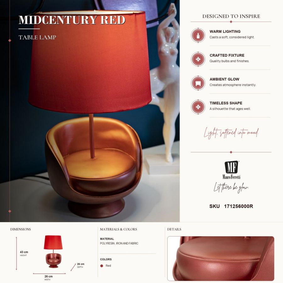 Mauro Ferretti Lampada da Comodino Midcentury Rossa Ø 26 x 43 cm
