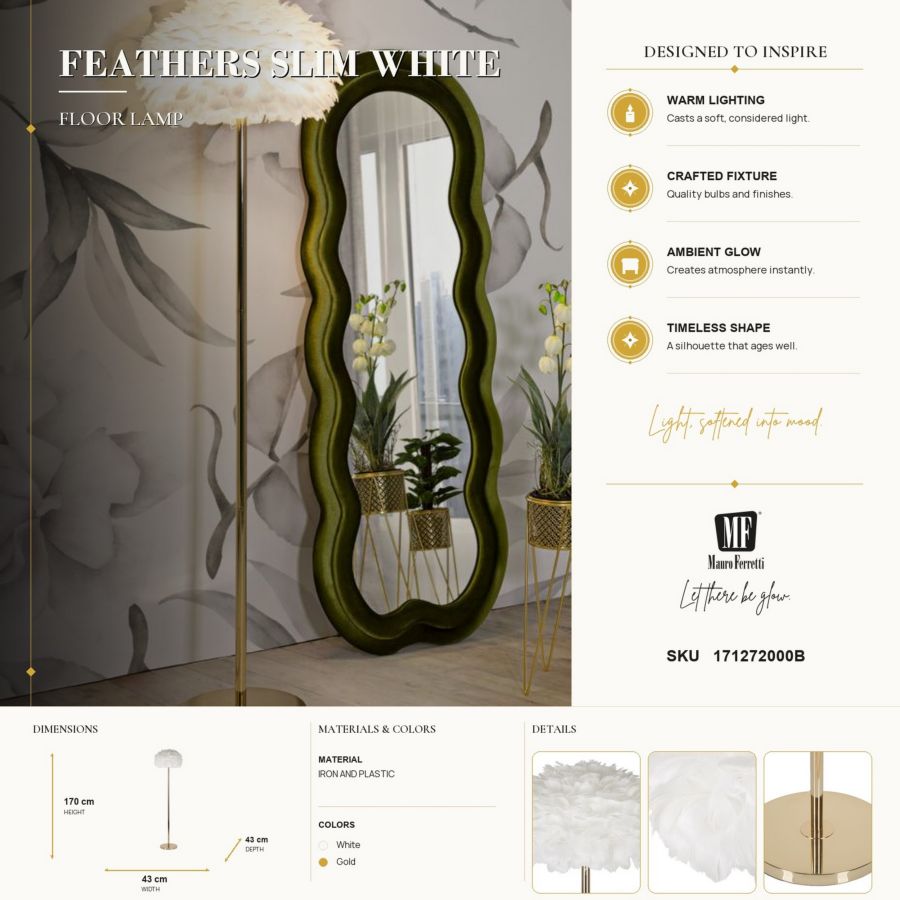 Lampada da terra feathers slim bianca cm ø 43x170