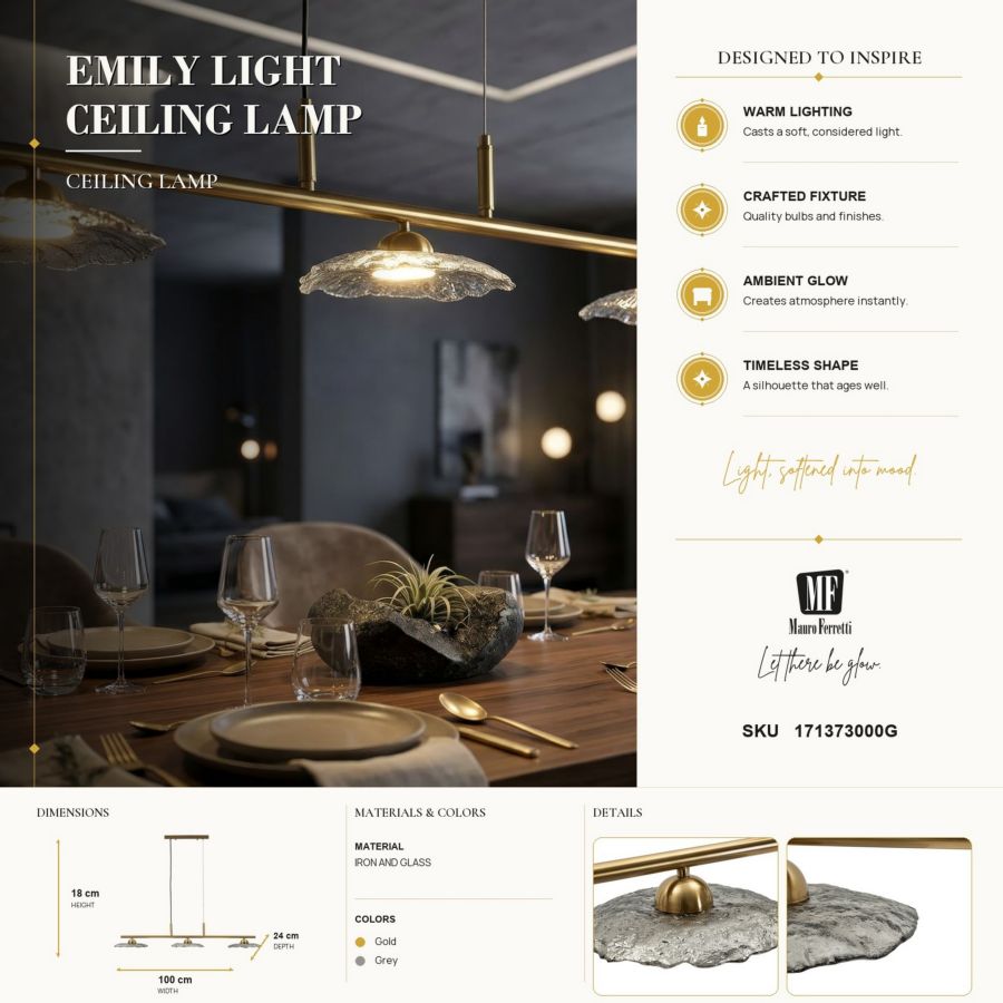 Lampadario emily 3 luci vetro grigio cm 100x24x18