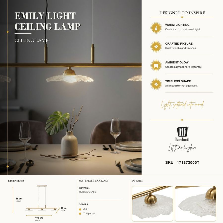 Lampadario emily 3 luci vetro trasparente cm 100x24x18