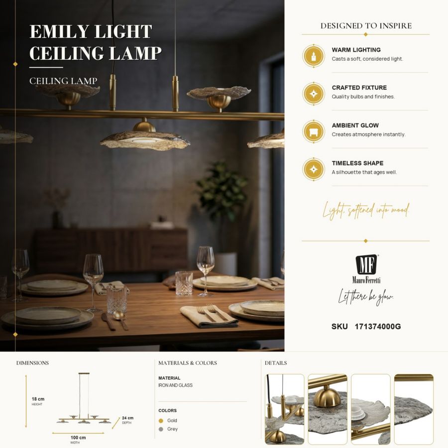 Lampadario emily 5 luci vetro grigio cm 100x24x18