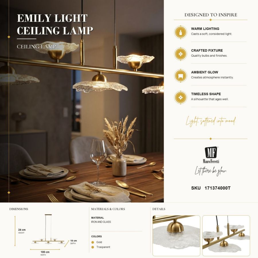 Lampadario emily 5 luci vetro trasparente cm 100x24x18