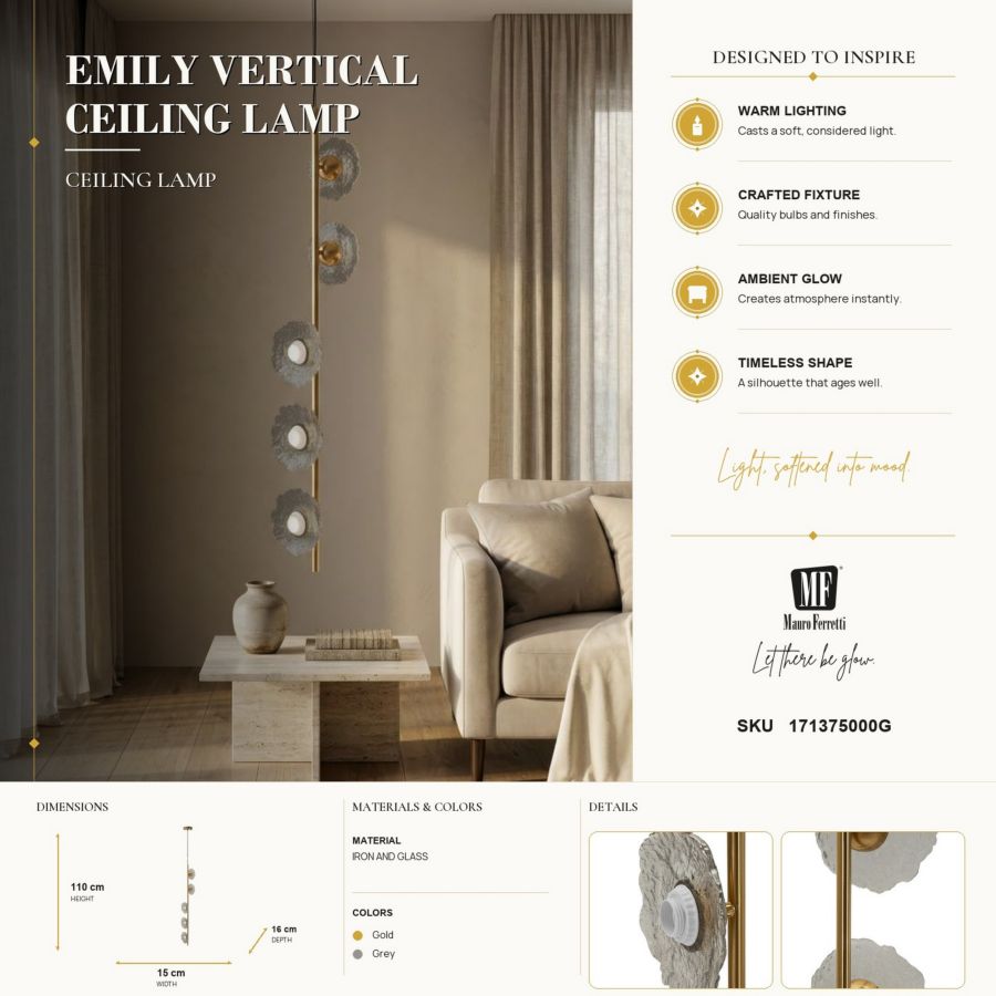 Lampadario emily verticale vetro grigio cm 15x16x110