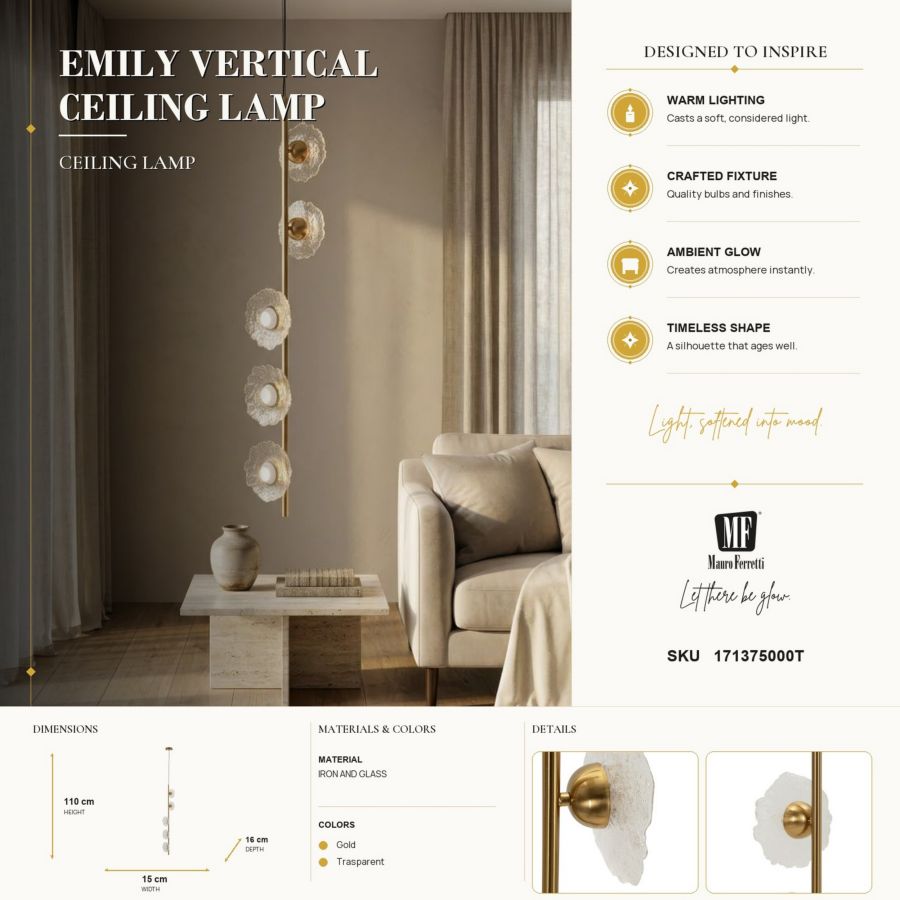 Lampadario emily verticale vetro trasparente cm 15x16x110